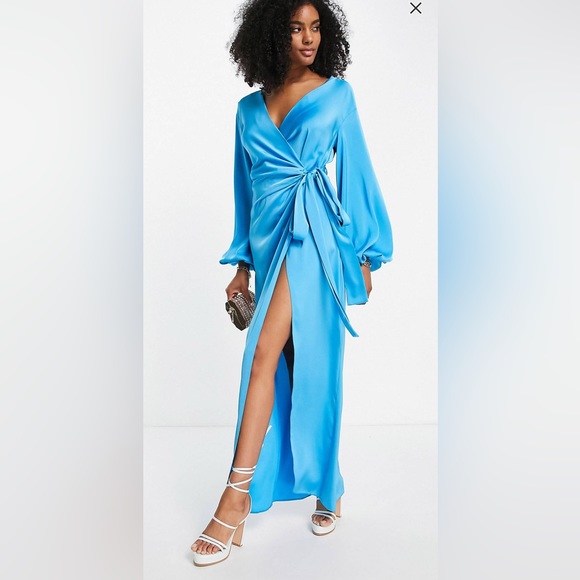 ASOS blue satin wrap dress - Picture 3 of 5
